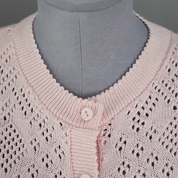 Vintage 80s Helen Harper Pink Pointelle Cardigan | Structured Shoulder | L - Picture 9 of 11